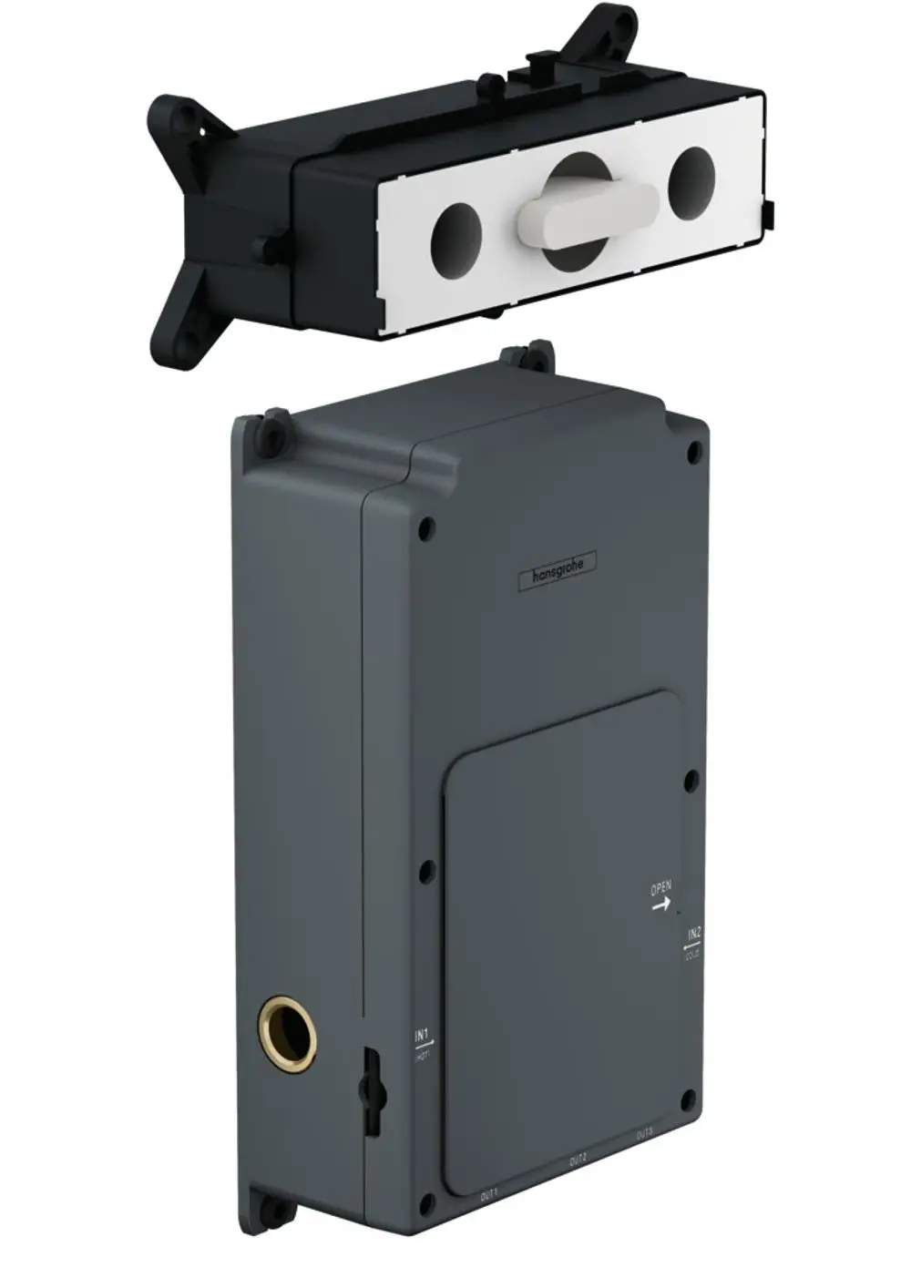 Zwei Module des HG RainPad iBox Control, bestehend aus einem oberen Steuerblock und einer unteren Einheit, die zur Installation von Hansgrohe-Duschsystemen dient.